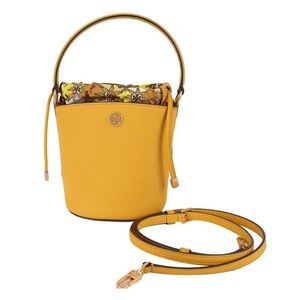 Tory Burch Yellow Leather Mini Bucket Bag with Floral Drawstring